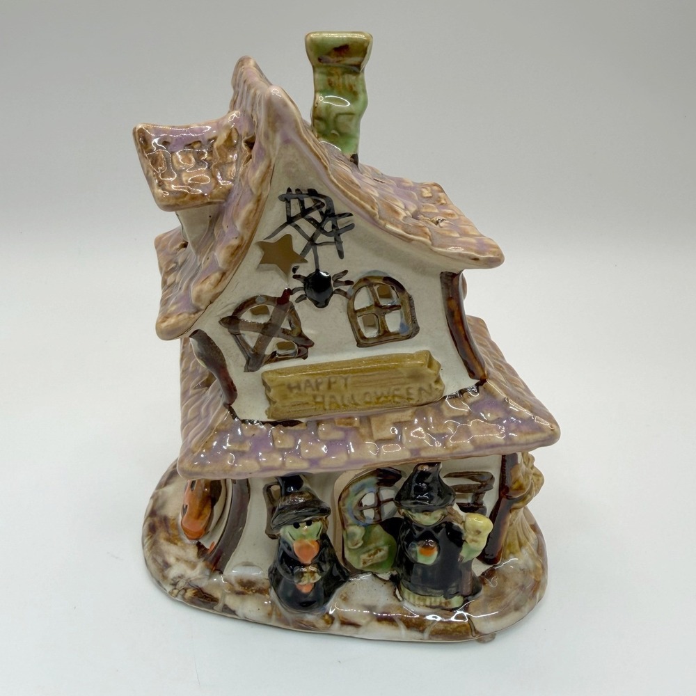 Vintage Ceramic Halloween Haunted House Candle Holder Witches Spiderweb Luminary